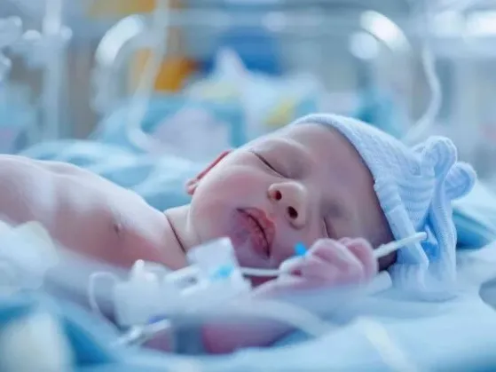 Newborn resting on nasal CPAP in a NICU