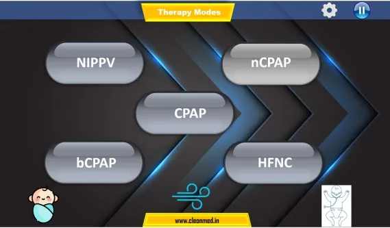 Therapy mode screen showing NIPPV, nCPAP, CPAP, bCPAP and HFNC buttons